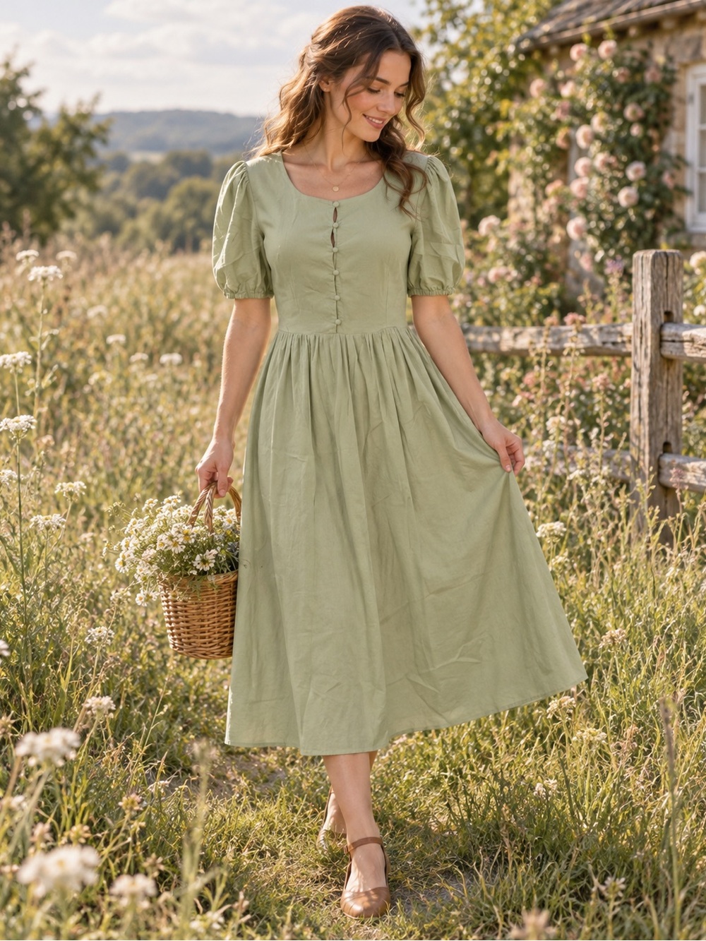 Sage Green Cottagecore Midi Dress with Puff Sleeves and Button Front